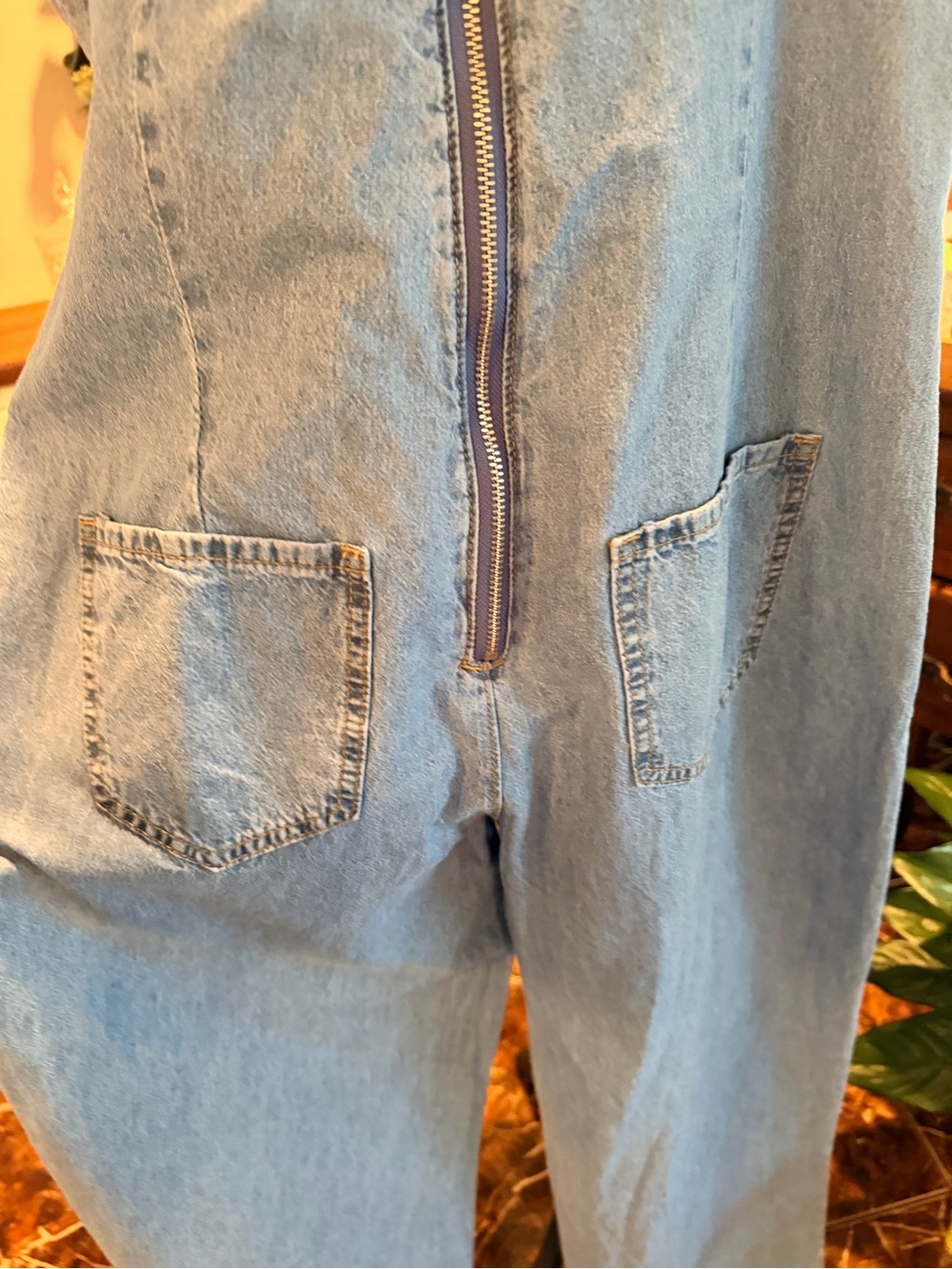Light Blue Wide-Leg Denim Jumpsuit with Spaghetti Straps - Picture 5 of 8